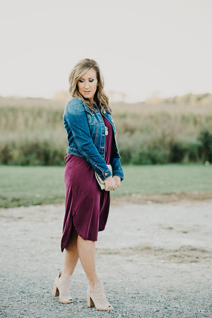 Maroon dress with deals denim jacket