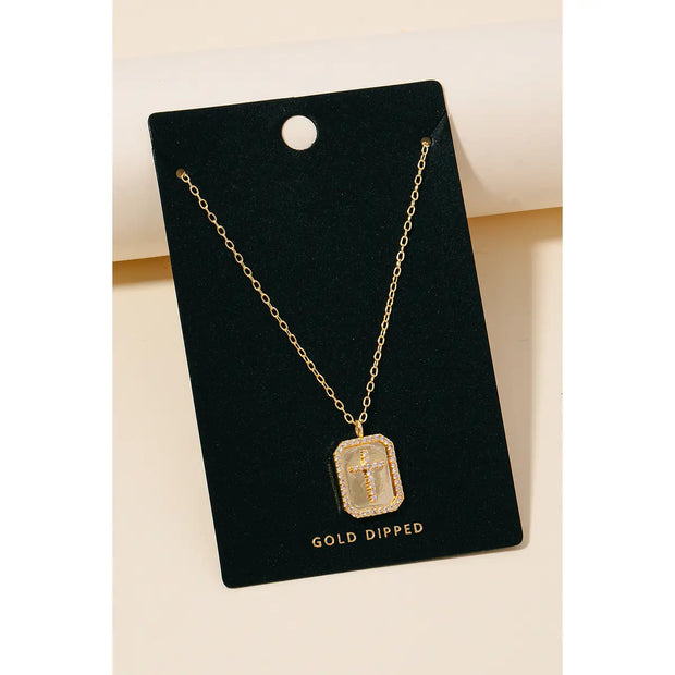 Pave Rectangle Cross Pendant Necklace in Gold