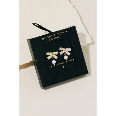 Bow and Pearl Charm Stud Earrings