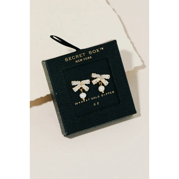 Bow and Pearl Charm Stud Earrings