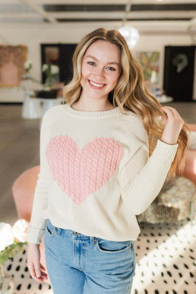 heart sweater in oatmeal and pink