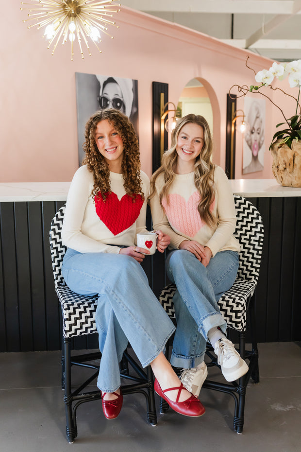 heart sweater in oatmeal and pink