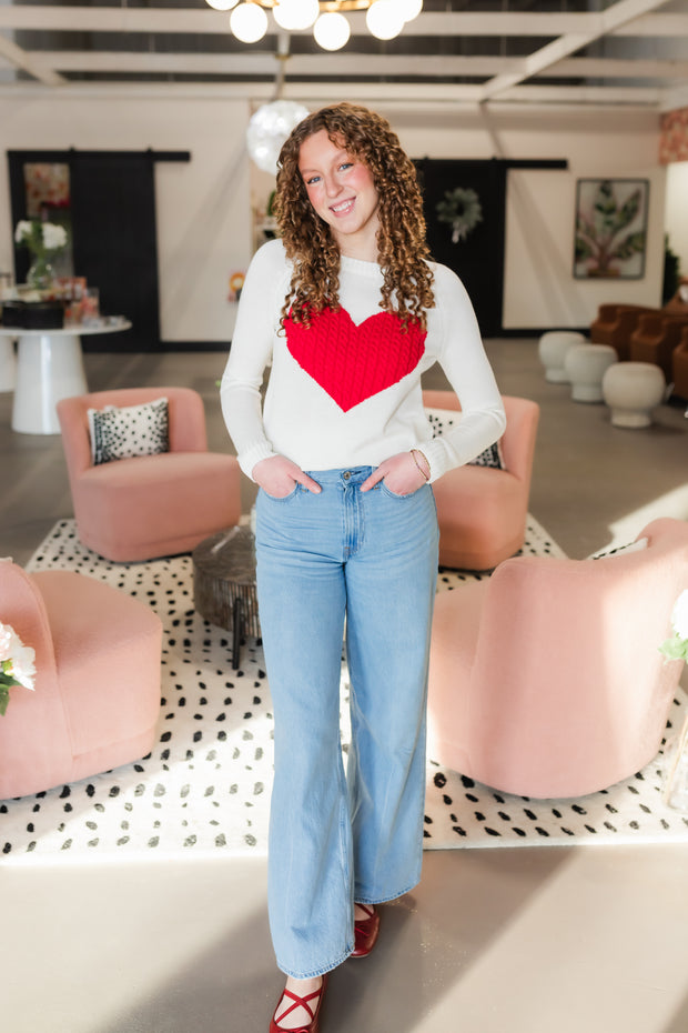 heart sweater in ivory and red