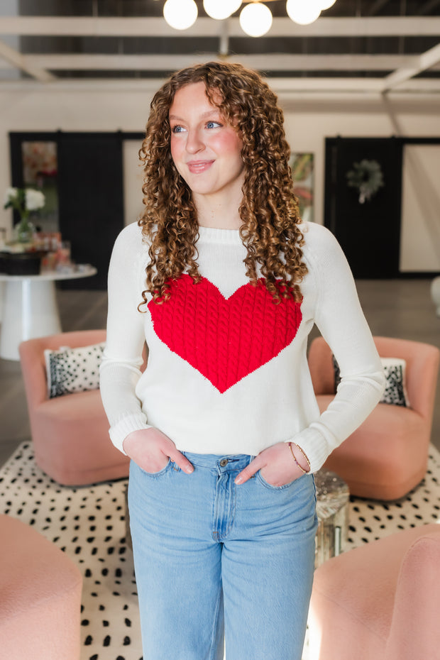 heart sweater in ivory and red