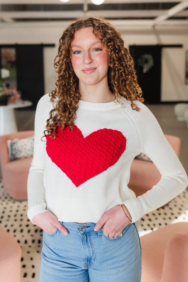 heart sweater in ivory and red